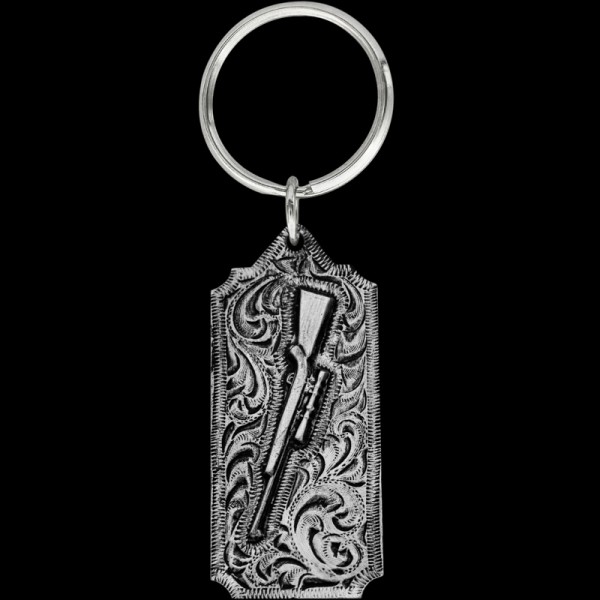 Rifle, The Rifle keychain includes beautiful, engraved scrolls, a 3D rifle figure,  back engraving, and a key ring attachment. Each silver key chain is built